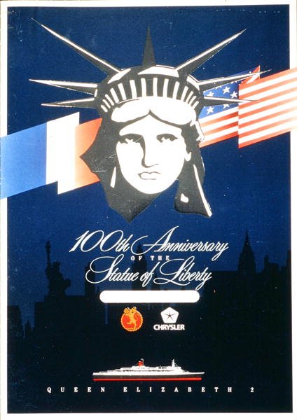Návrh menu oslavující 100. výročí Sochy svobody na palubě QE2 od American School