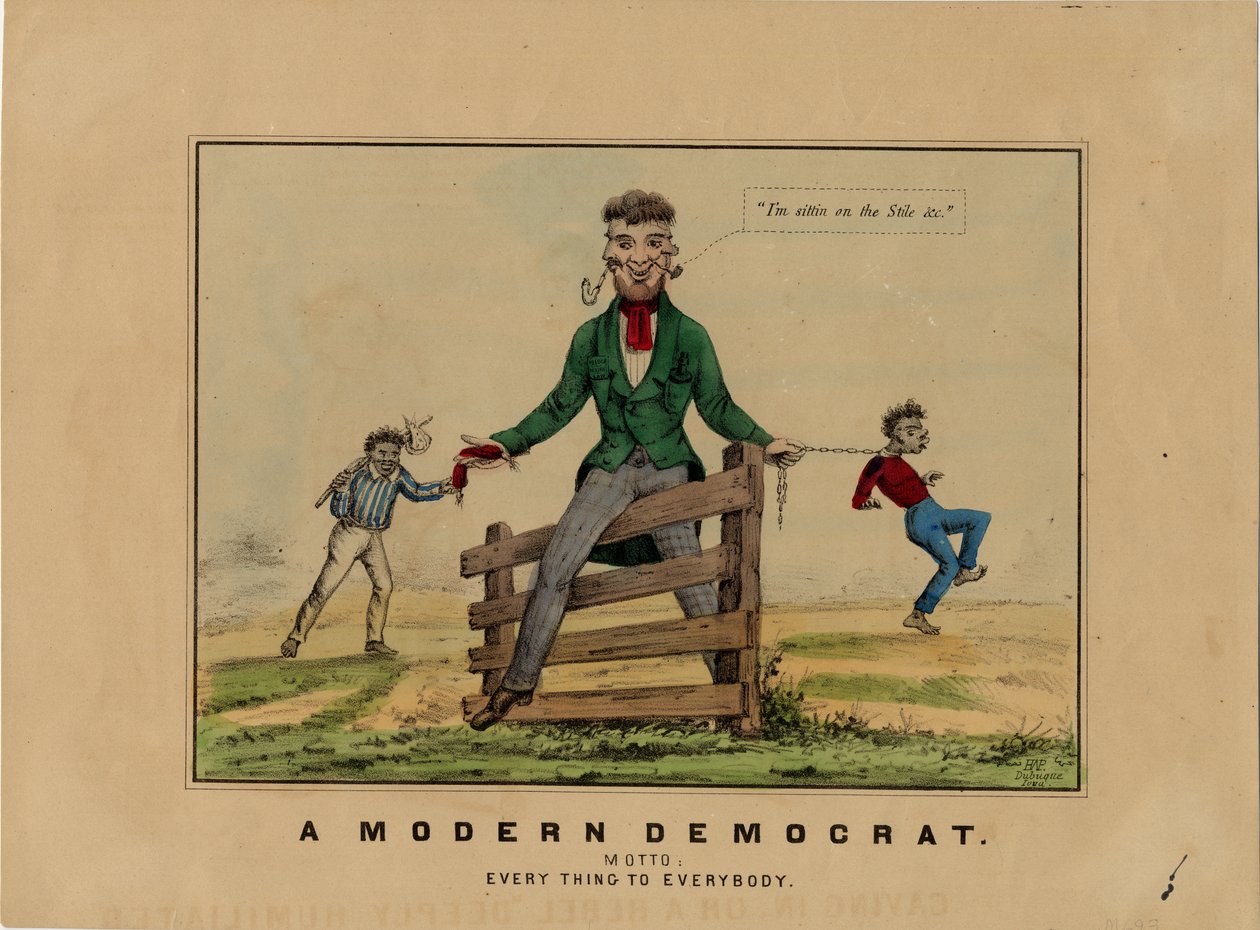 Moderní demokrat: motto: všechno pro každého, podepsané na kameni: HAP, publikováno v Dubuque, Iowa, kolem roku 1860 od American School