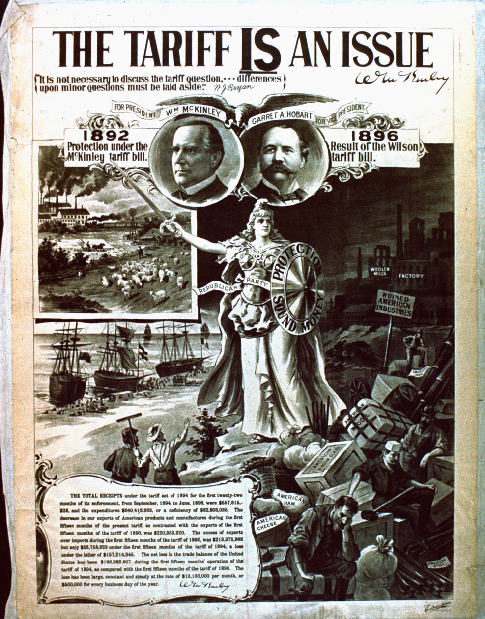 Politický plakát obhajující McKinleyův daňový zákoník přes Wilsonovy od American School