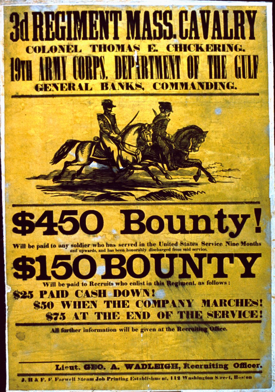 Náborový plakát pro 3. pluk, Massachusetts Cavalry, 1863-65 od American School