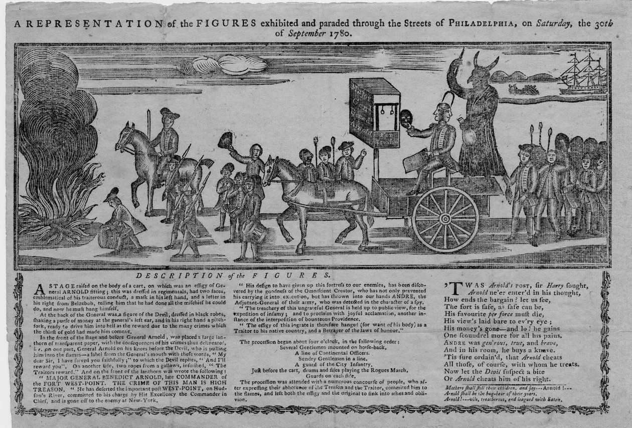 Reprezentace postav vystavených a provázených ulicemi Philadelphie v sobotu 30. září 1780 od American School