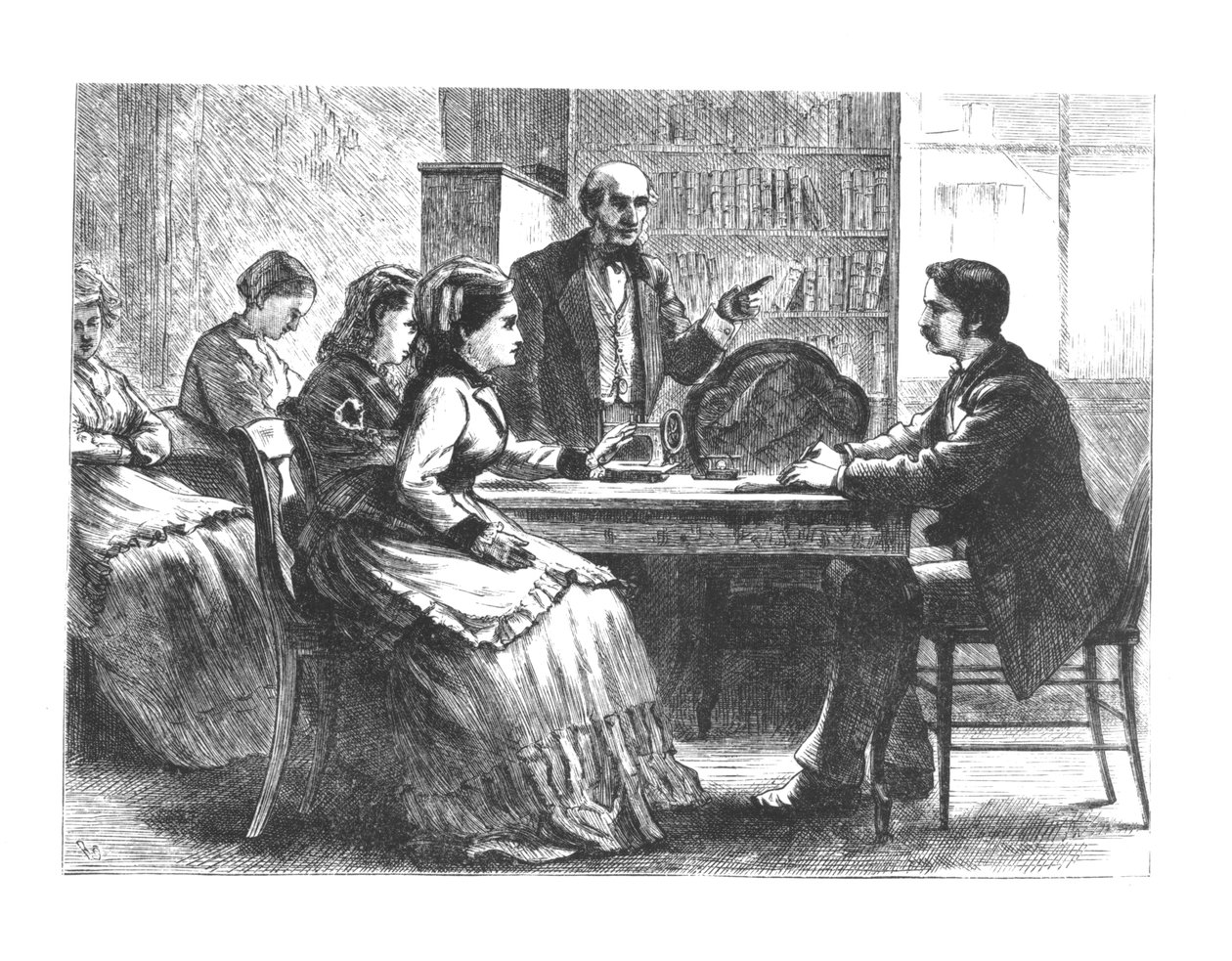 Žena vyjednává s manažerem továrny, kterému pomáhá poradce z nového Working Womens Protective Association Susan B. Anthony, 1860-70s od American School