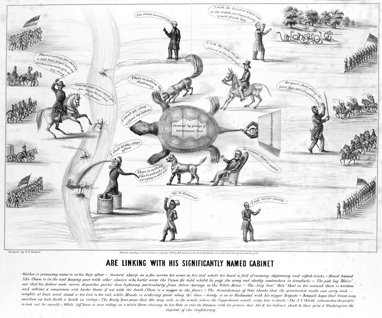 Abe Linking with his Significantly Named Cabinet, vydané M.E. Godwinem v roce 1864 od American School