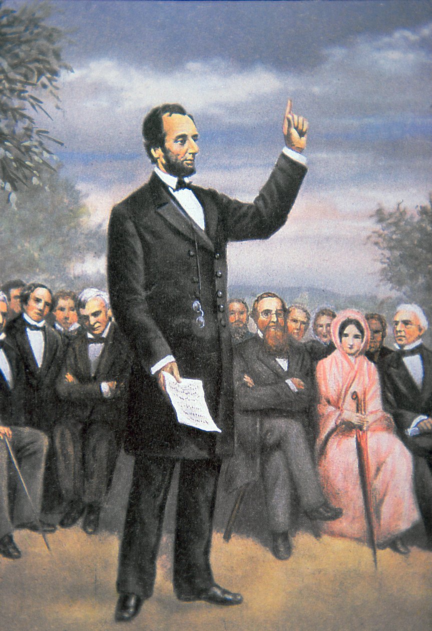 Abraham Lincoln (1809-65) s adresou Gettysburgu v Gettysburgu, Pennsylvania, listopad 1863 (barevné lito) od American School