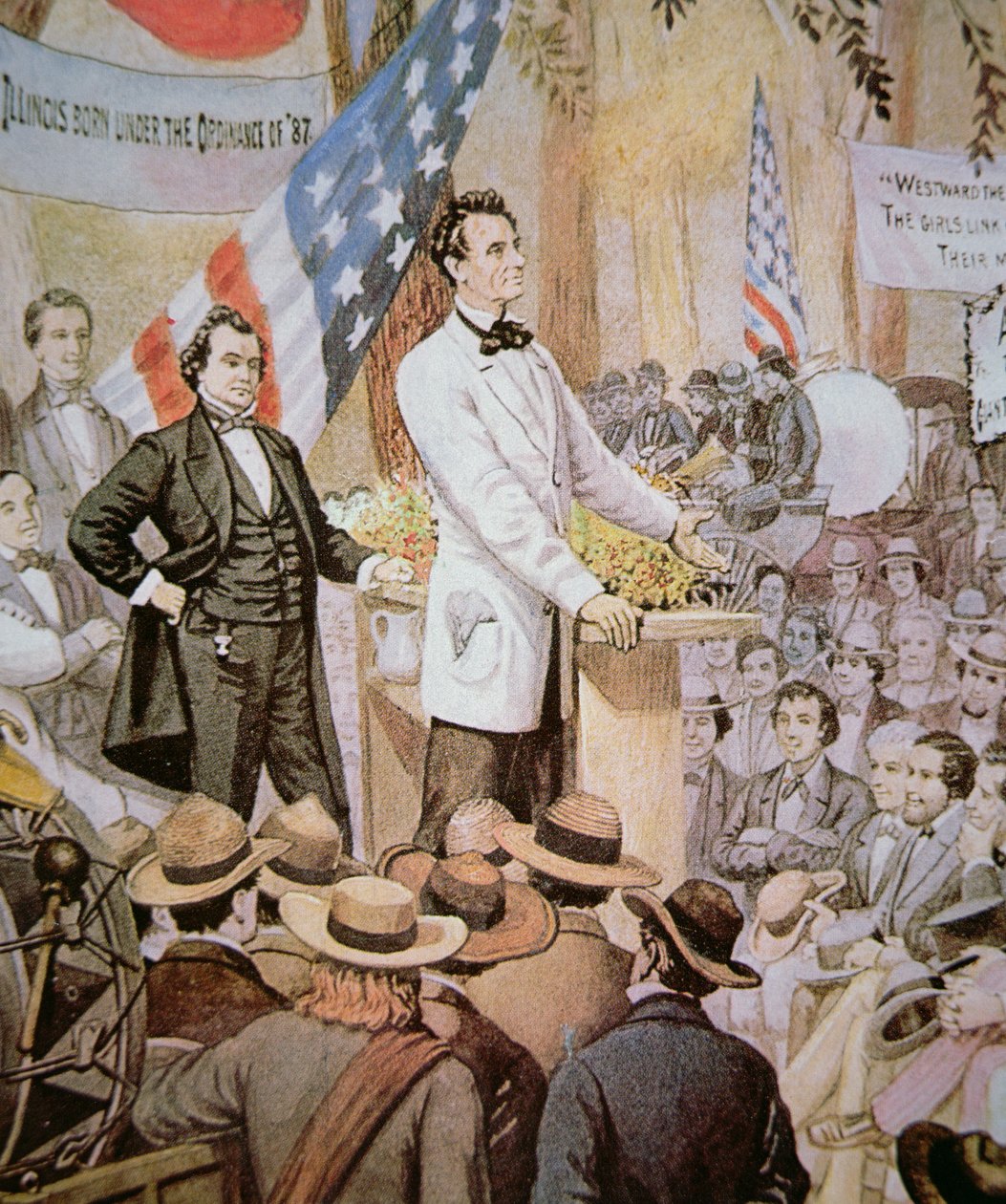 Abraham Lincoln (1809-65) ve veřejné debatě se Stephenem A. Douglasem (1813-61) v Illinois od American School
