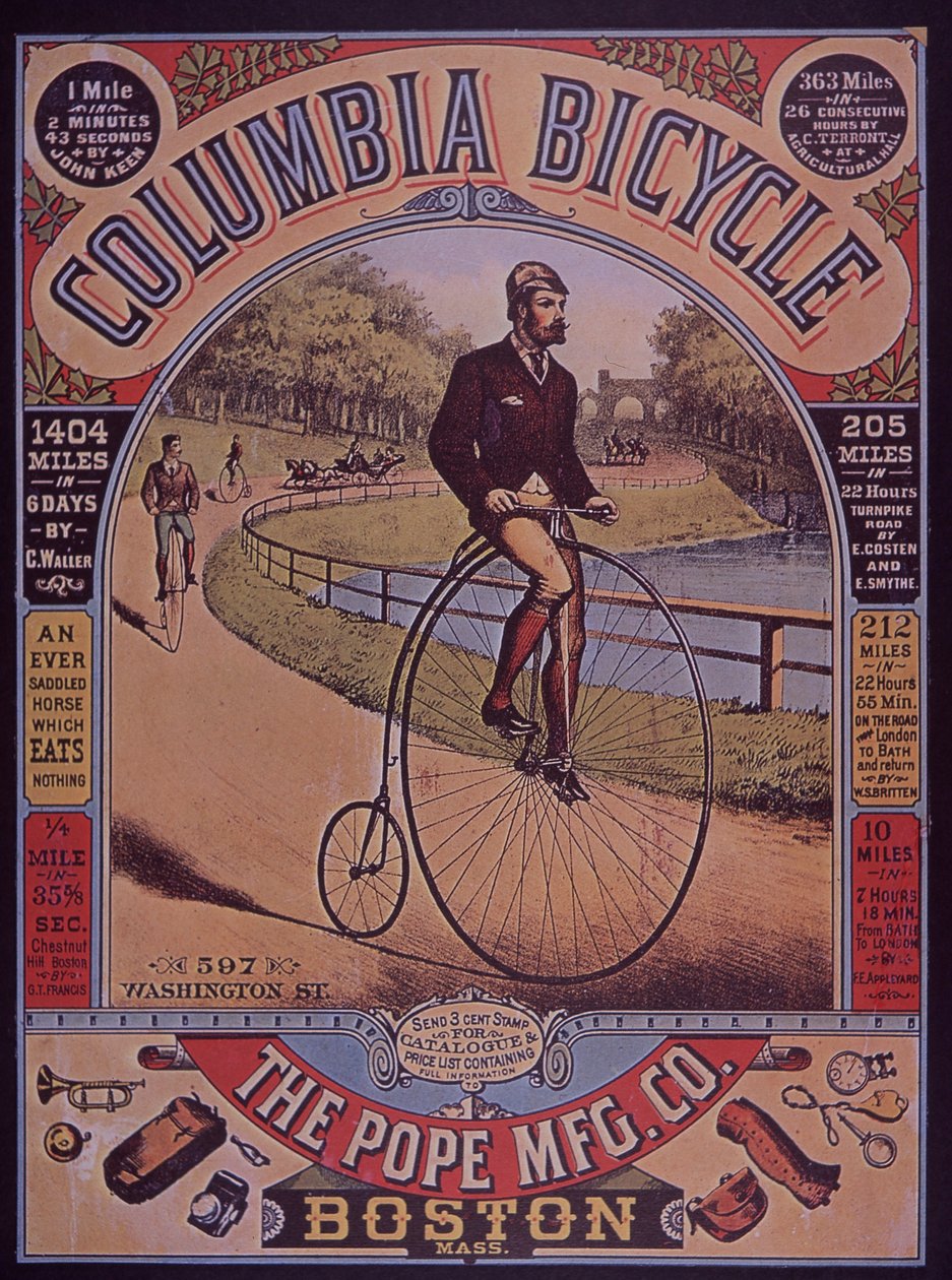 Reklama na jízdní kolo Columbia Penny-Farthing, Boston, USA od American School