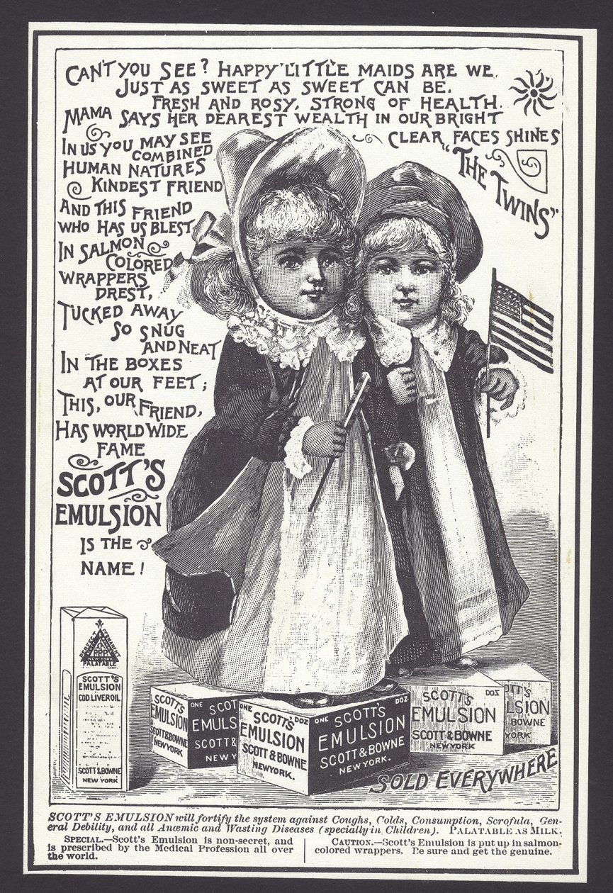 Reklama na Scottovu emulzi pro léčbu kašle, nachlazení a jiných onemocnění, konec 19. století (litho) od American School