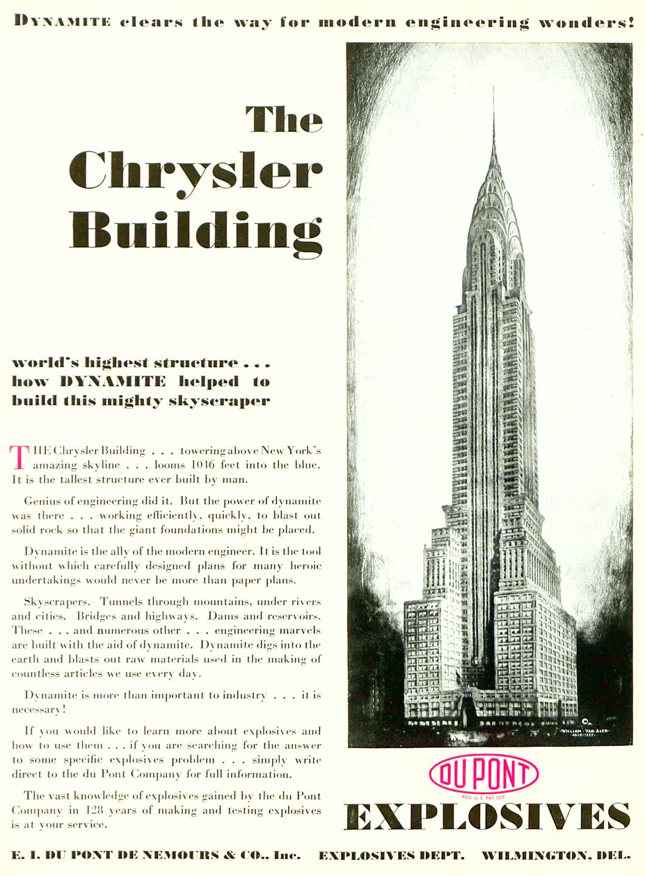 Reklama zobrazující The Chrysler Building, z časopisu DuPont, květen 1930 od American School