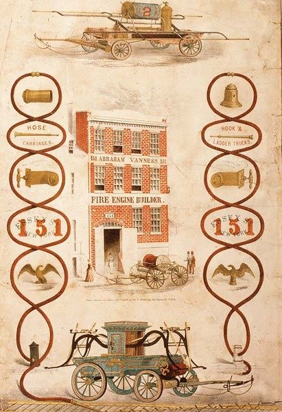 Reklama pro Abrahama Vannesse, stavitele požárních aut a výrobce hasičské techniky, hospoda. od Geo. G. Gratacap, New York, cca 1850 (litho) od American School