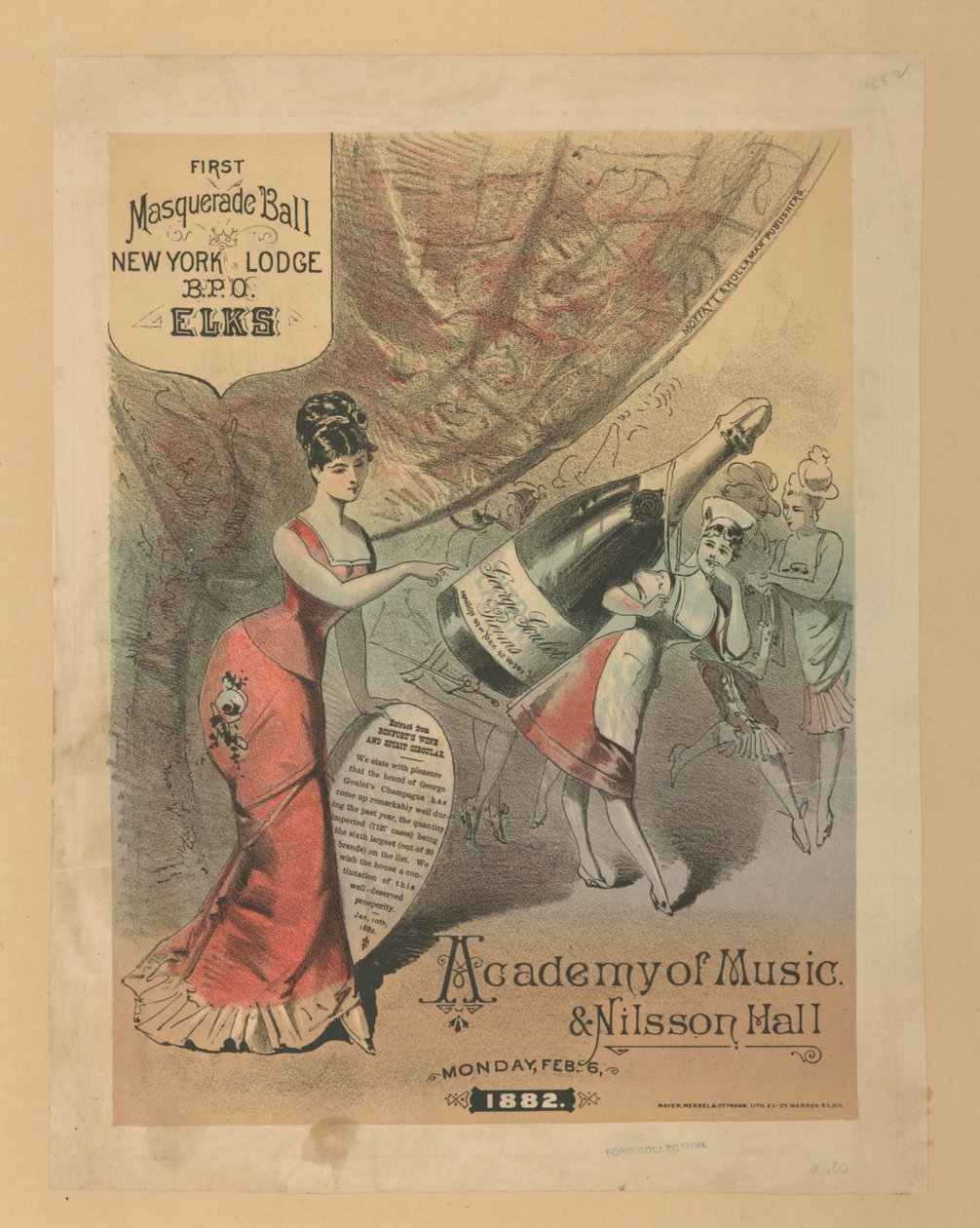 Reklama na šampaňské George Gouleta a maškarní ples v Hudební akademii a Nilsson Hall, kolem roku 1876 od American School