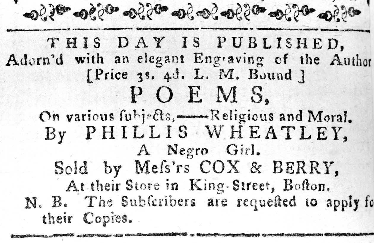 Reklama na první knihu Phillis Wheatley z Boston Gazette, 7. února 1774 (novinový papír) od American School