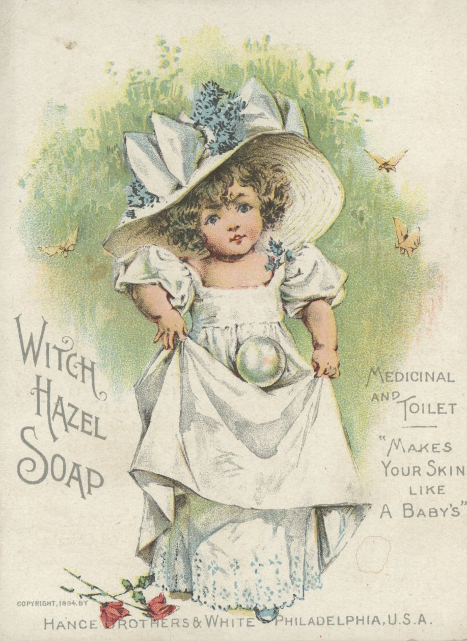 Reklama na mýdlo s čarodějnickou lískou, léčebné a toaletní, 1894 od American School