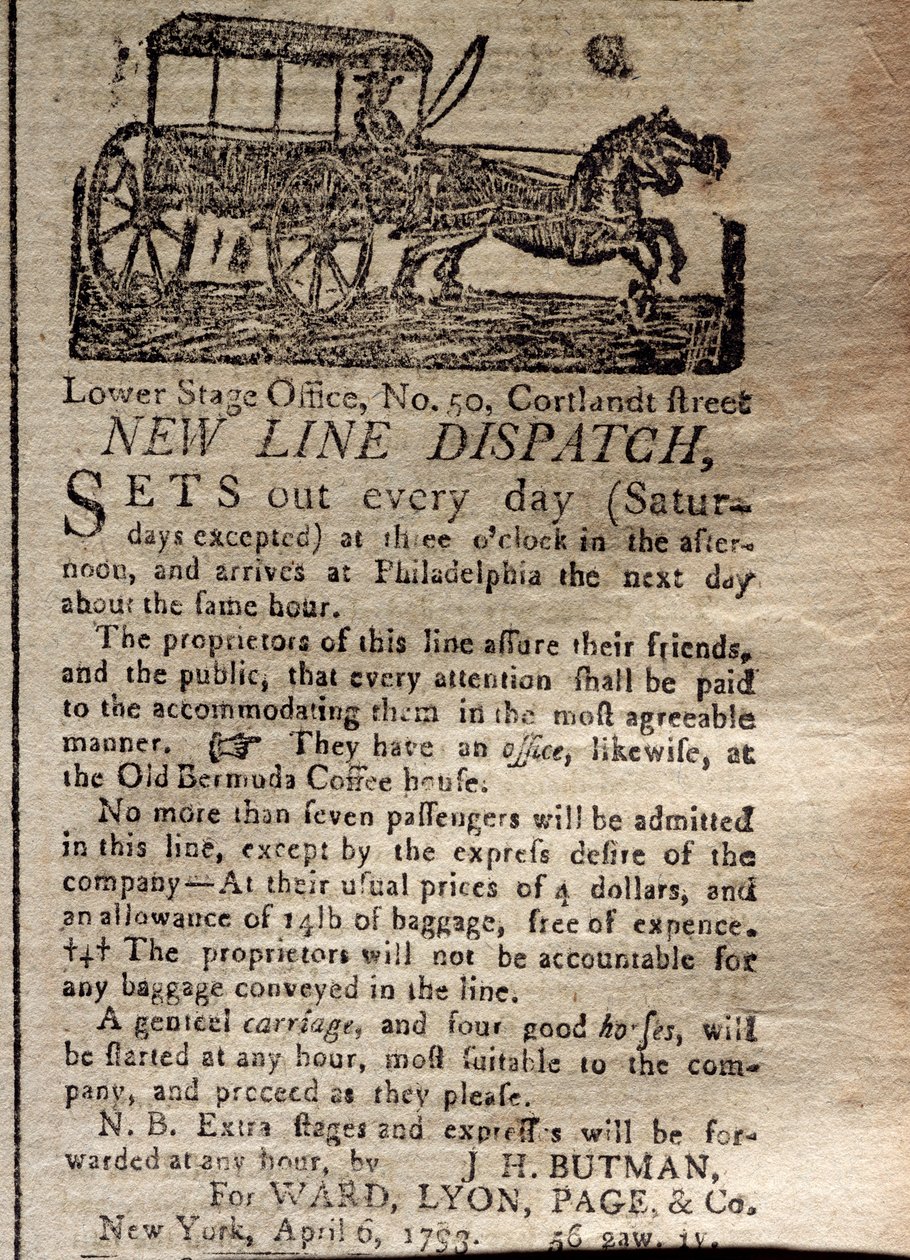 Reklama na New Line Dispatch, z The New York Journal & Patriotic Register, 6. dubna 1793 (tisk) od American School