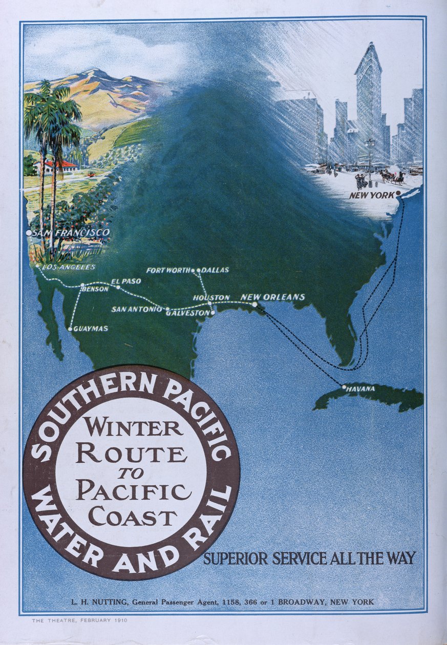 Reklama na zimní trasu společnosti Southern Pacific Water and Rail na pacifické pobřeží, z časopisu Theatre, 1910 od American School