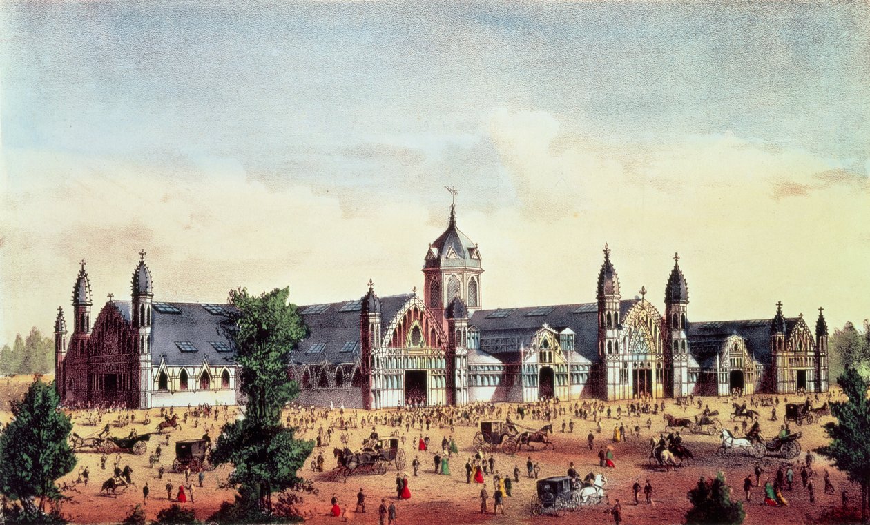Agricultural Hall, Grand United States Centennial Exhibition, Fairmount Park, Philadelphia, hospoda. od Currier und Ives, 1876 od American School