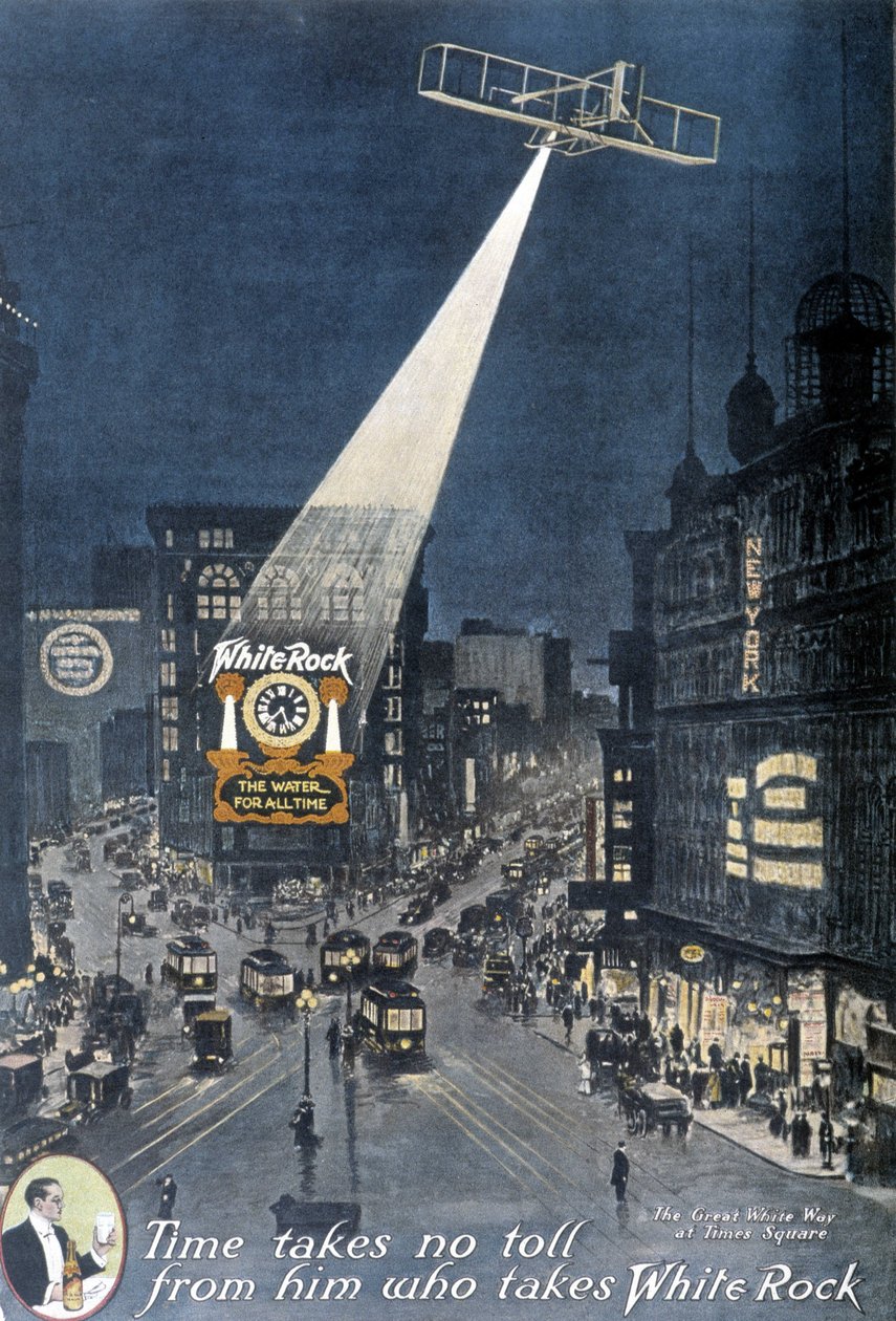 Reklama na alkohol ""White Rock"": Letadlo osvětlující plakát "White Rock" visící na budově na Times Square v New Yorku. 1912. od American School