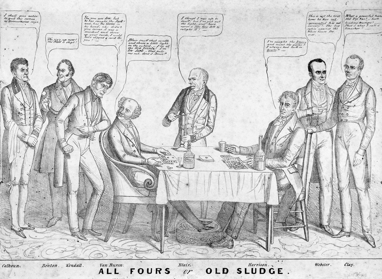 Všichni čtyři aneb Stará břečka, politická karikatura zobrazující prezidenta Martina Van Burena (1782-1862), jak hraje karty proti Williamu Henrymu Harrisonovi (1773-1841) uprostřed dalších státníků a politiků, 1836 (litografie) od American School