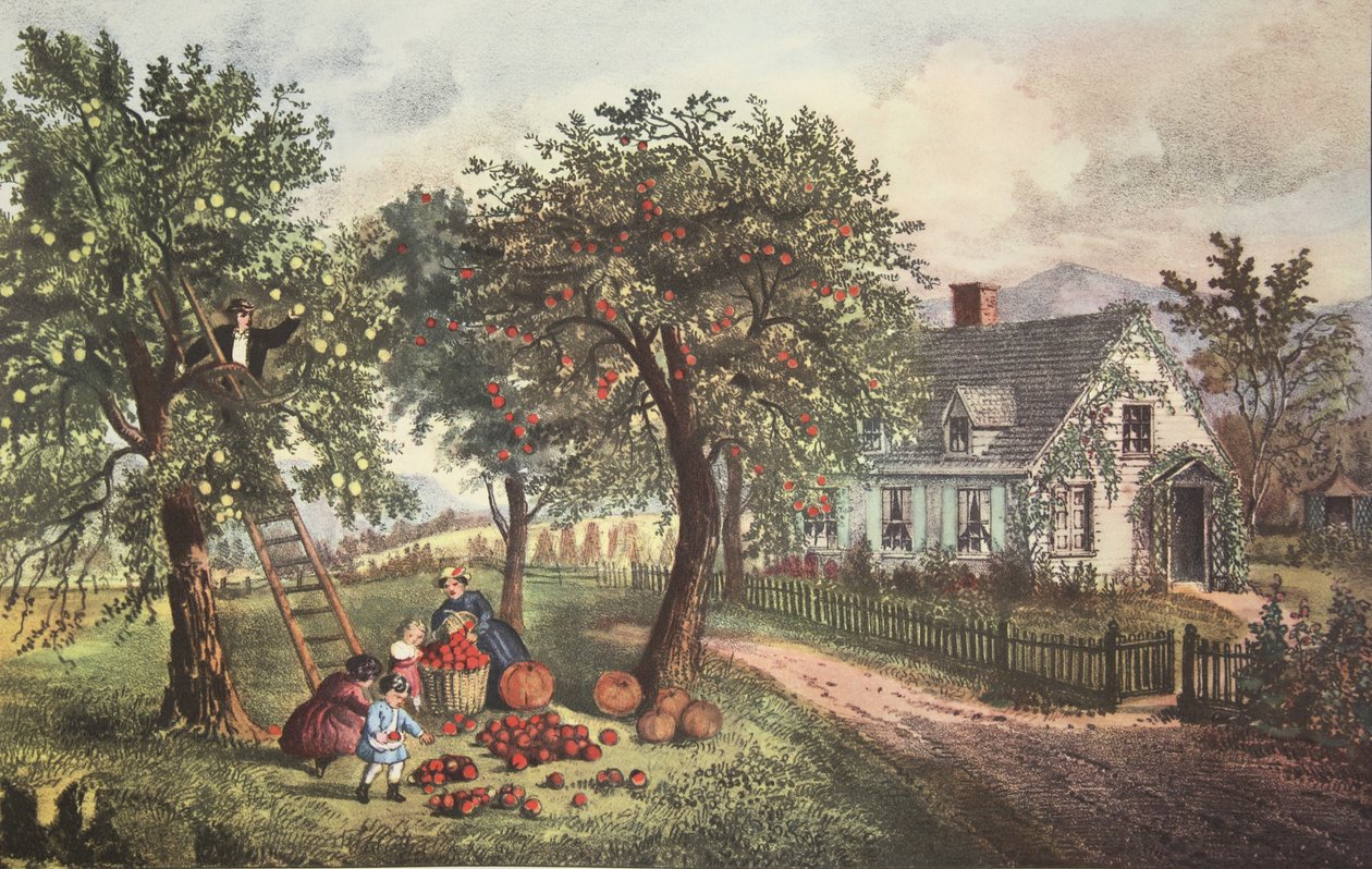 Americká usedlost - podzim, hospoda. 1869, Currier & Ives od American School