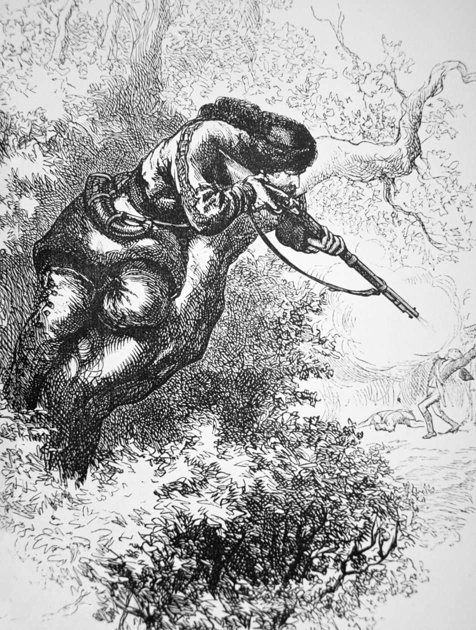 Americký střelec na strom, během americké války za nezávislost (litho) od American School