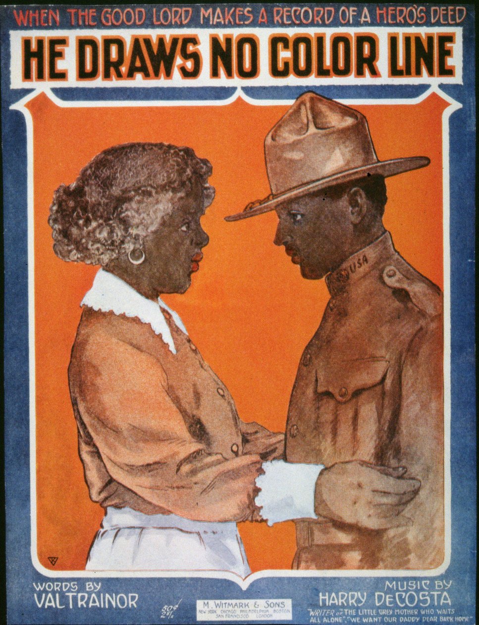Americká písnička z první světové války pro „He Draws No Color Line“ (barevné lito) od American School