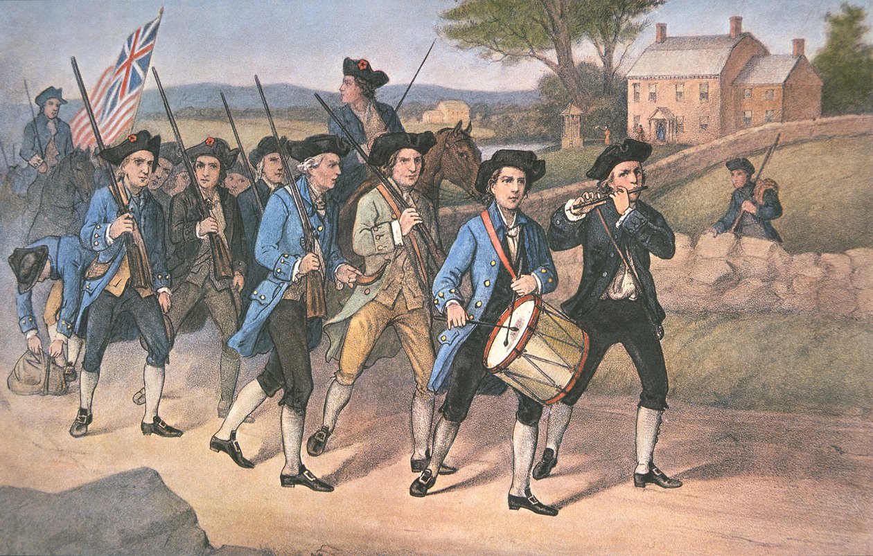 Američtí „minutoví muži“ pochodující proti Britům za bojové hudby Fife and Drum, hospoda. od Currier & Ives od American School