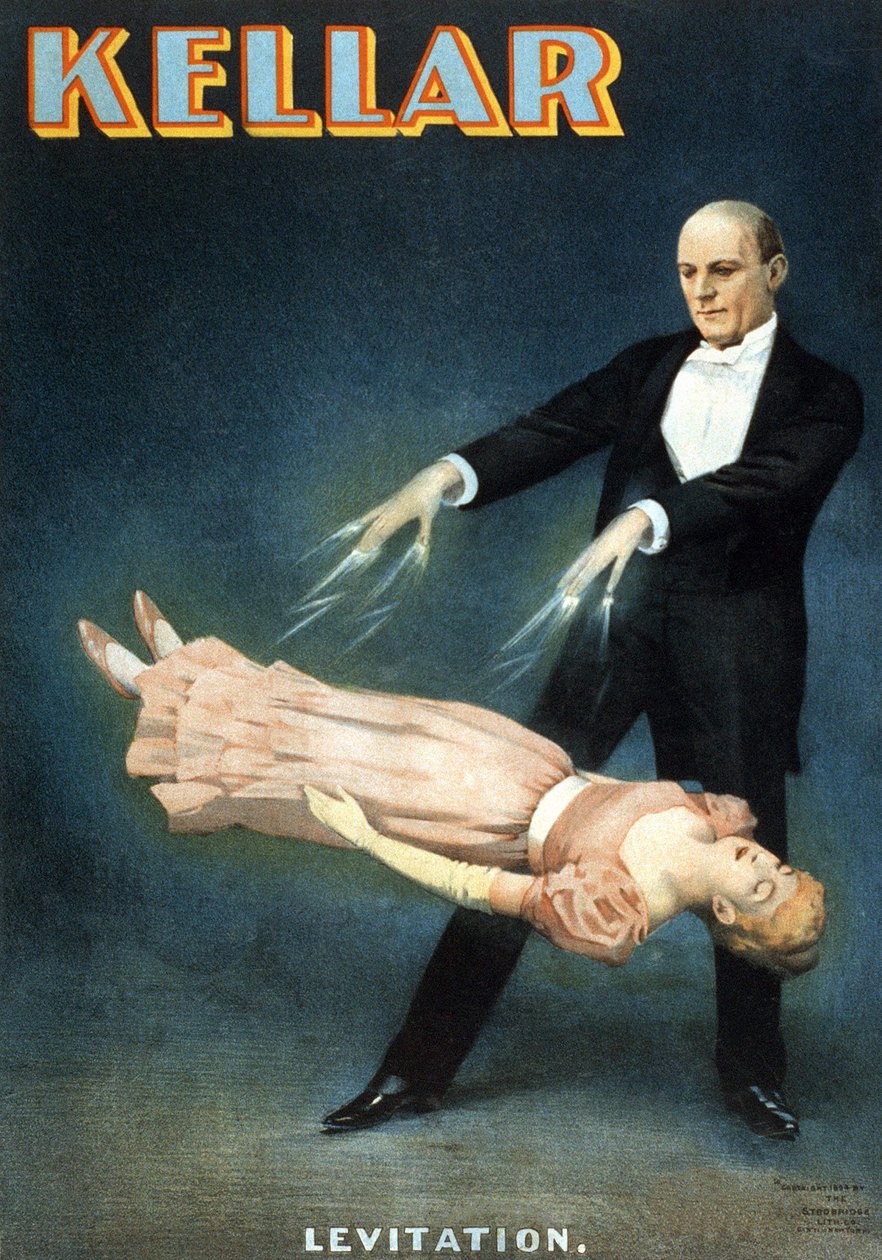 Americký plakát k představení kouzelníka Harryho Kellara (1849 - 1922): „“Levitace““ od American School