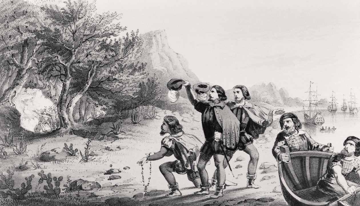 Amerigo Vespucci přistává v Novém světě, z knihy „Život a cesty America Vespucia“, kterou vydal Horace Mansfield, New Haven, Connecticut, 1853 od American School