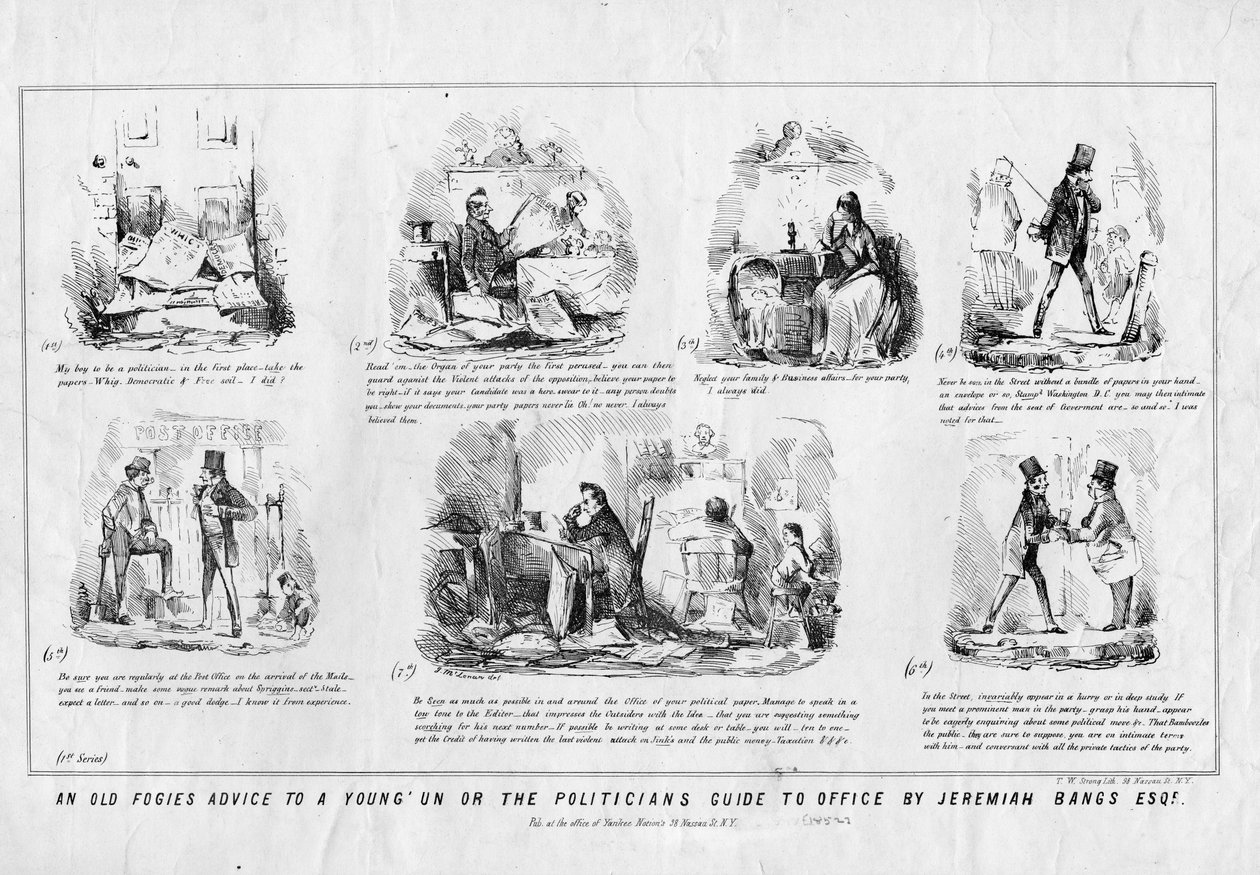Stará mlhavá rada mladému člověku aneb průvodce politiků do úřadu od Jeremiaha Bankse Esq., publikoval T W Strong, New York, kolem roku 1852 od American School