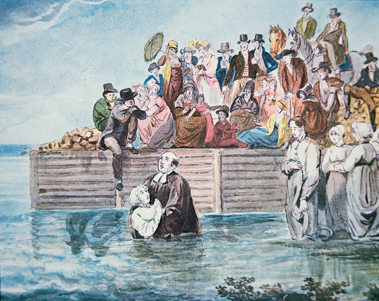 Anabaptisté z Philadelphie jsou svědky úplného ponoření křtu v řece (barva litho) od American School