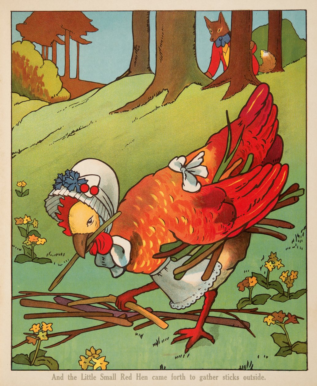 "A malá červená slepice vystoupila, aby venku sbírala klacky", od Peter Rabbit Little Red Hen and Owl and Pussy Cat pub. Charles E Graham & Co. c. 1900 (chromolitograf) od American School