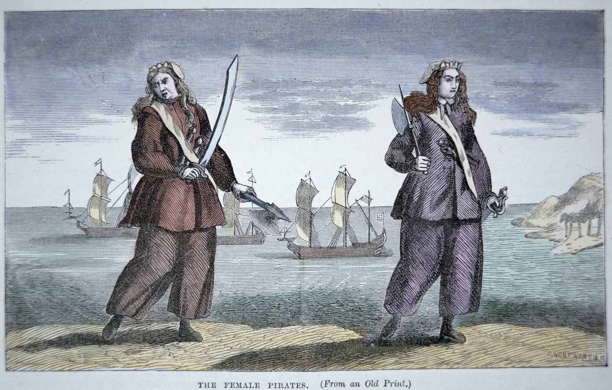 Anne Bonny (nar. 1697) a Mary Read (barevná rytina) od American School