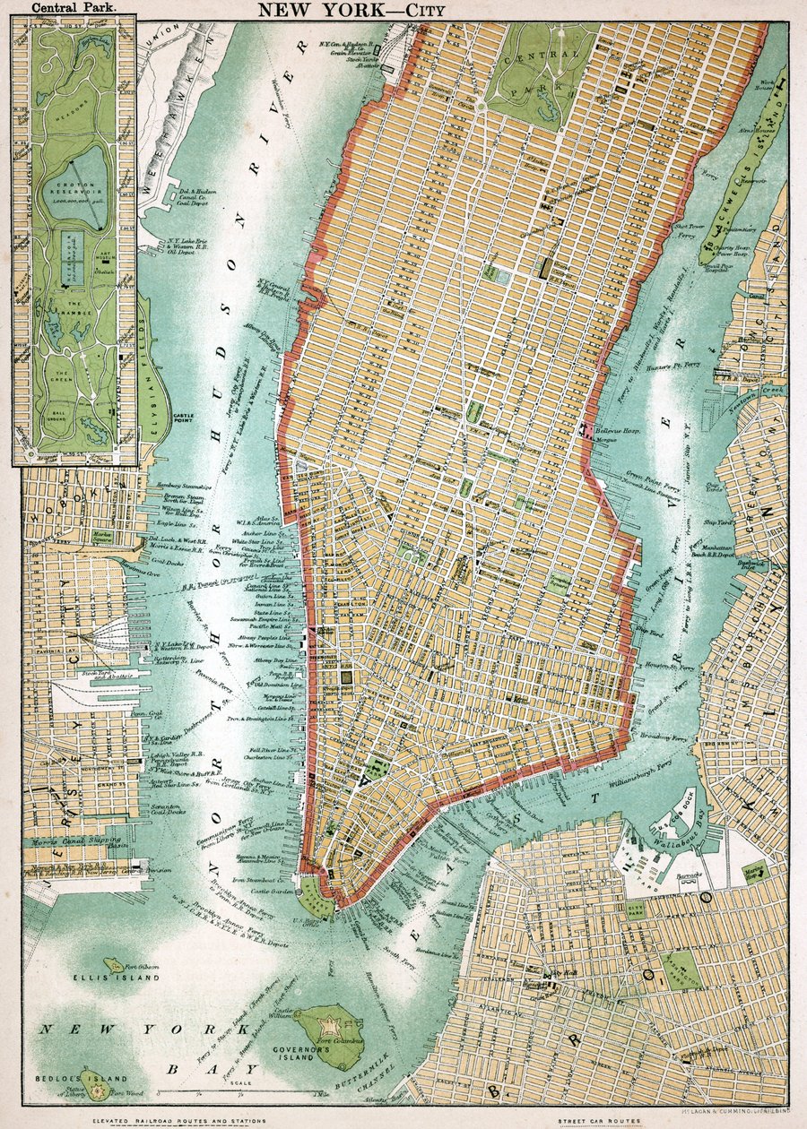 Starožitná mapa Dolního Manhattanu a Central Parku od American School