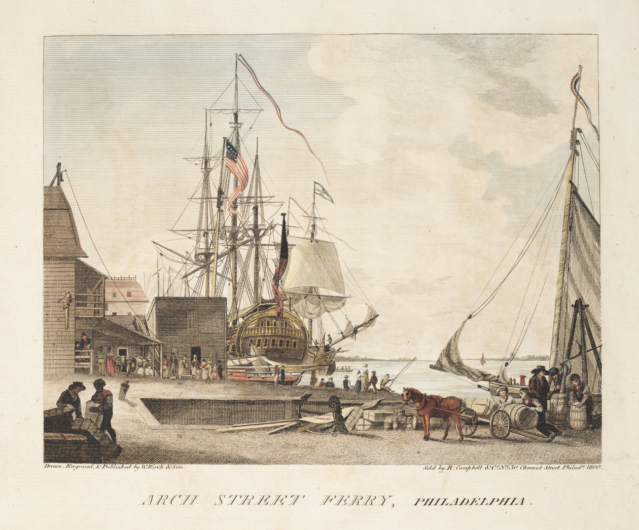 Arch Street Ferry, Philadelphia (barevná rytina) od American School