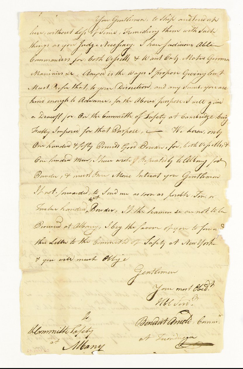 Arnold Benedict (1741-1801) generál, kontinentální armáda, zrádce. Podepsaný podpis ("Benedict Arnold Commr. at Ticonderoga") Výboru pro bezpečnost v Albany, Ticonderoga, 22. května 1775 (pero a inkoust na papíře) od American School