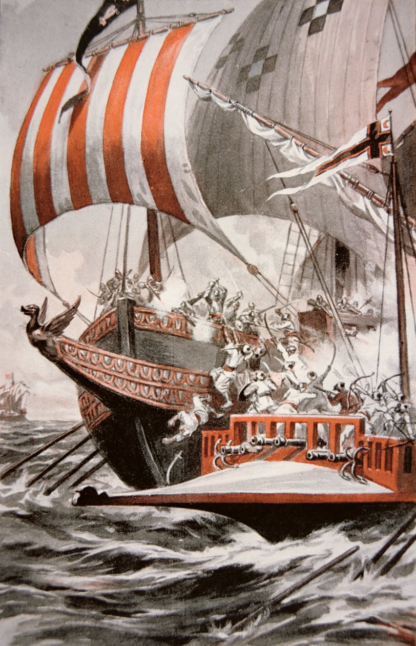 Arouji, bratr Barbarossy, útočí v roce 1504 na galeje s pokladem papeže Julia II. (barevně lito) od American School