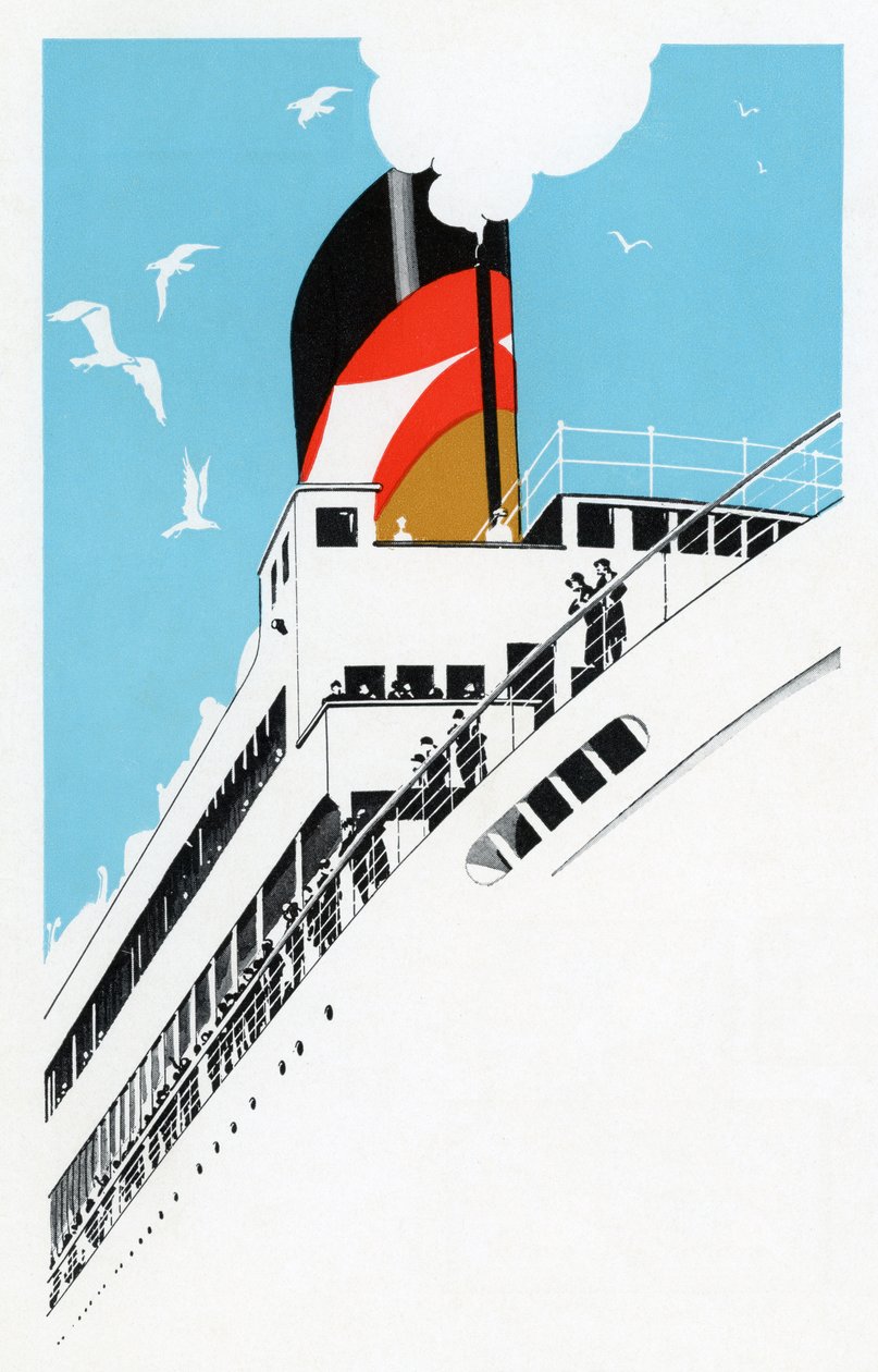 Art Deco 1920 Ilustrace výletní lodi s cestujícími od American School