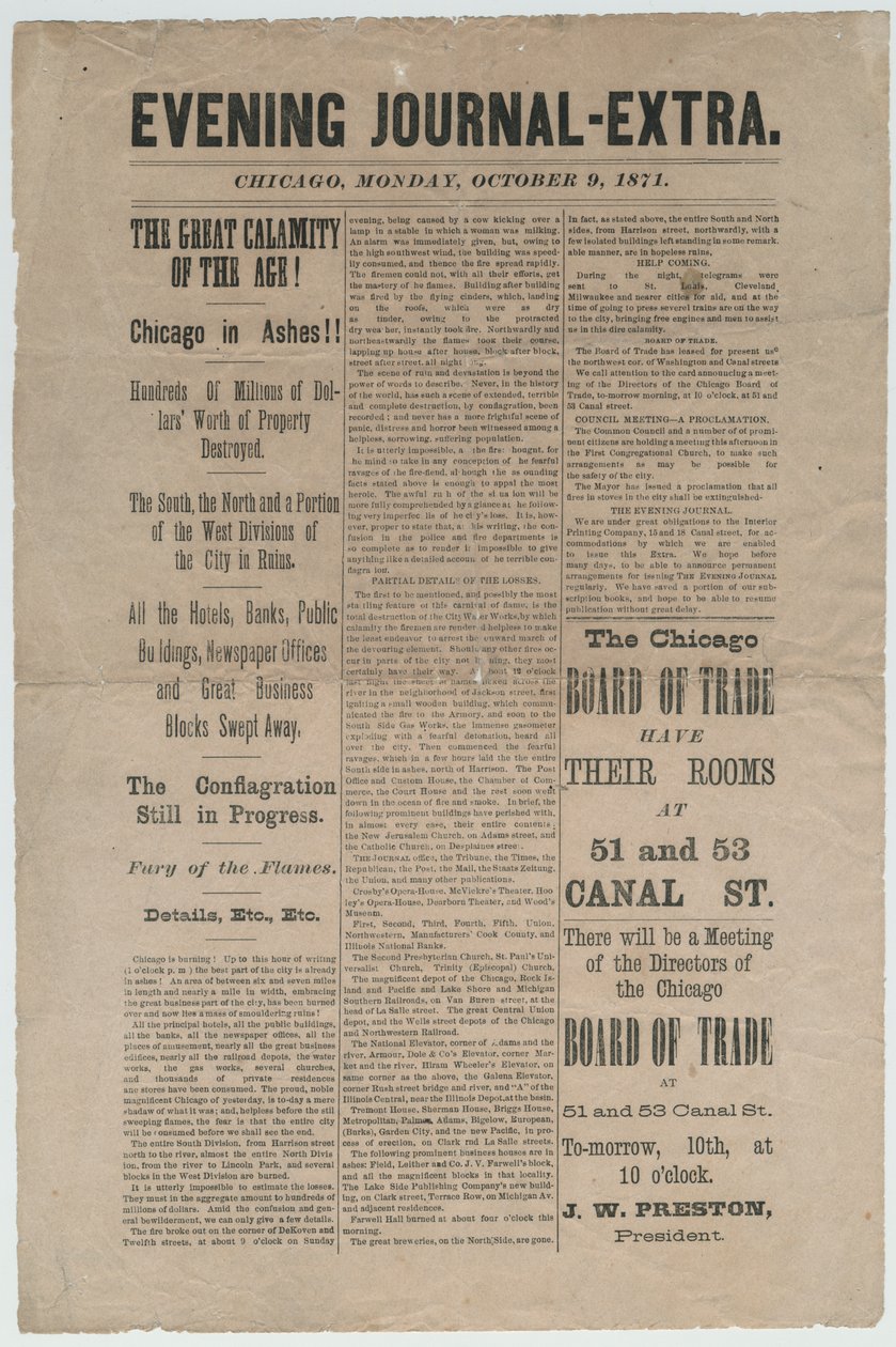 Článek z Chicago Evening Journal-Extra o požáru v Chicagu v roce 1871, 9. října 1871 (novinový tisk) od American School