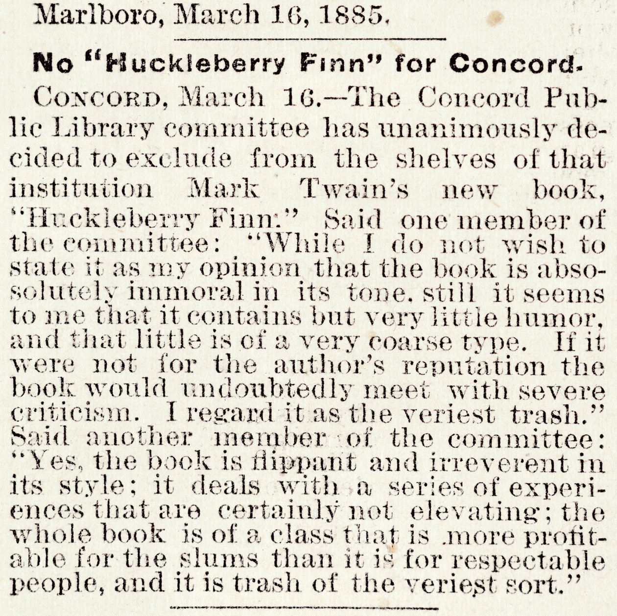 Článek v Boston Daily Globe o zákazu Huckleberryho Finna v Concordu, Massachusetts, od 16. března 1885 (novinový tisk) od American School