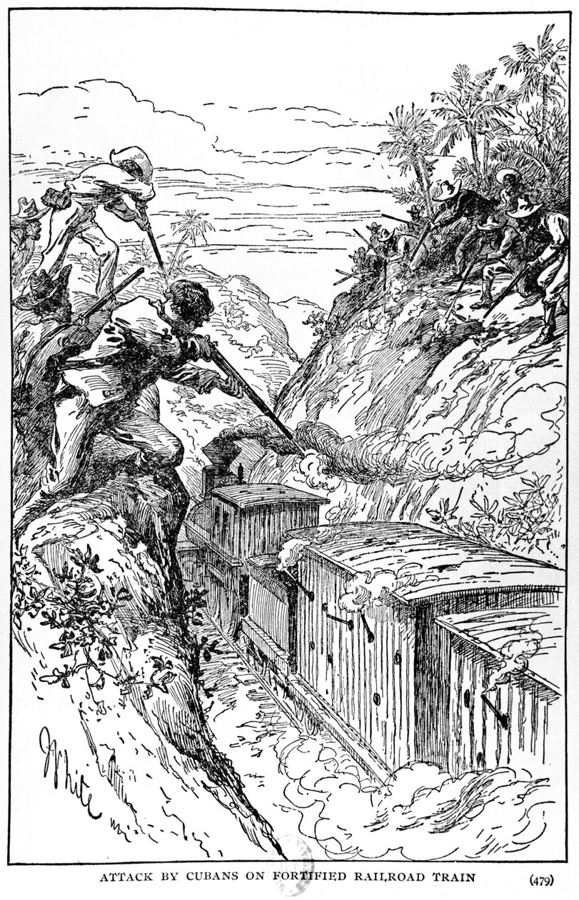 Útok Kubánců na opevněný železniční vlak, ilustrace z knihy The Story of Cuba od Murata Halsteada, vydané v roce 1898. od American School