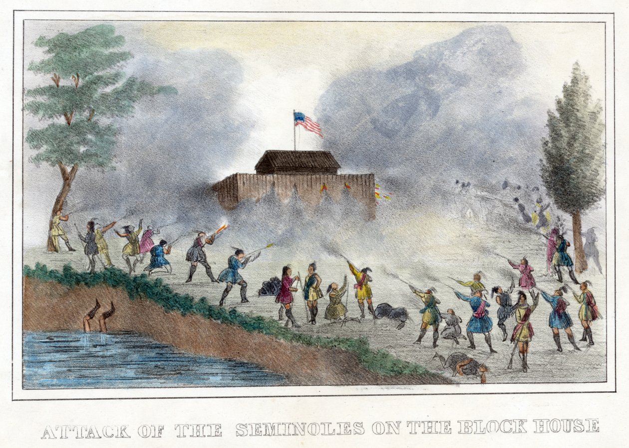 Útok Seminolů na Block House, hospoda. 1836 (ručně kolorovaná rytina) od American School