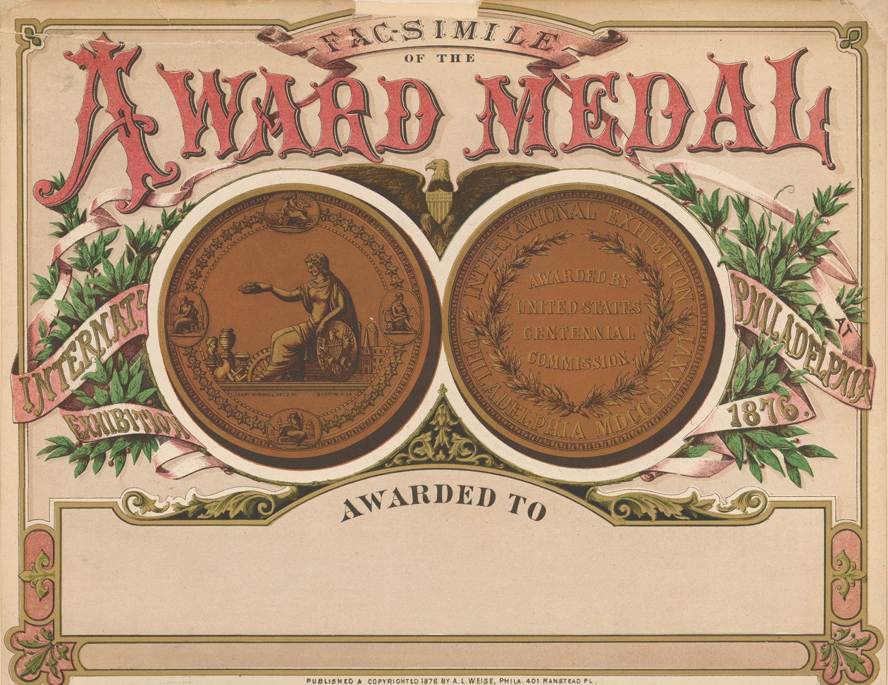 "Award Medal", Centennial Exhibition Scrapbook, 1876 od American School