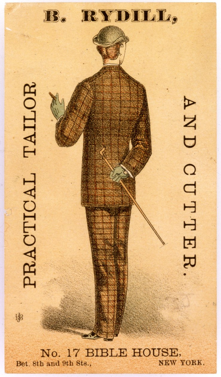 B. Rydill, Praktický krejčí a střihač, Biblický dům č. 17, mezi 8. a 9. ulicí. New York., 1886 (litografie [vizitka]) od American School
