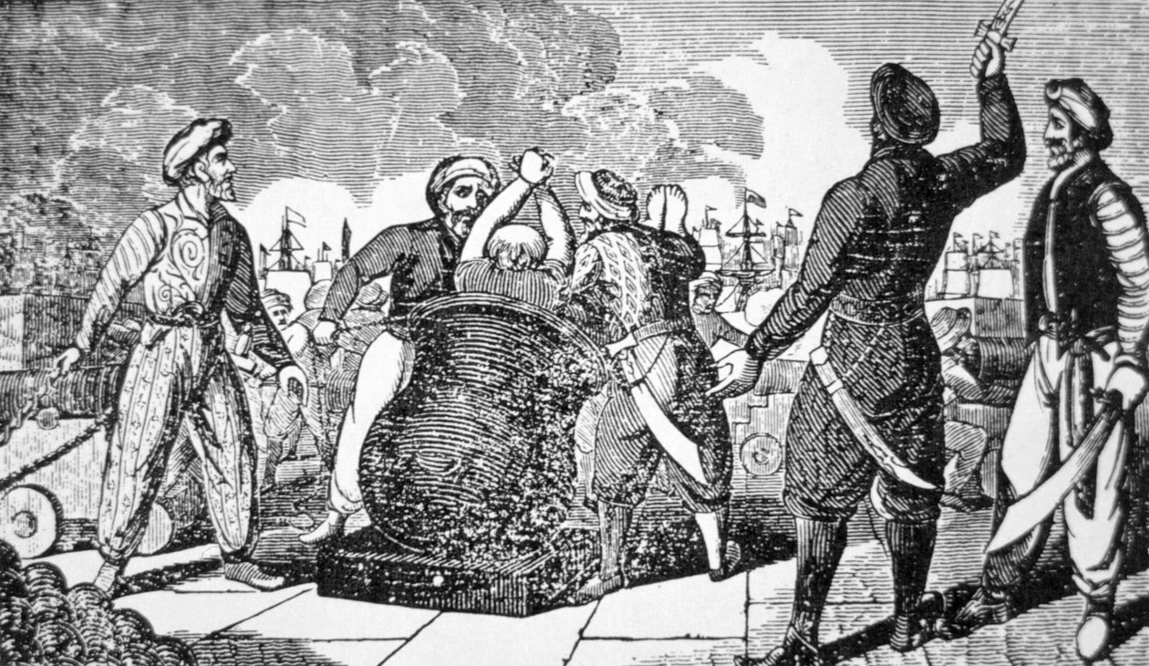 Barbarští korzáři vracejí francouzského konzula v Alžíru na jeho loď (rytina) od American School