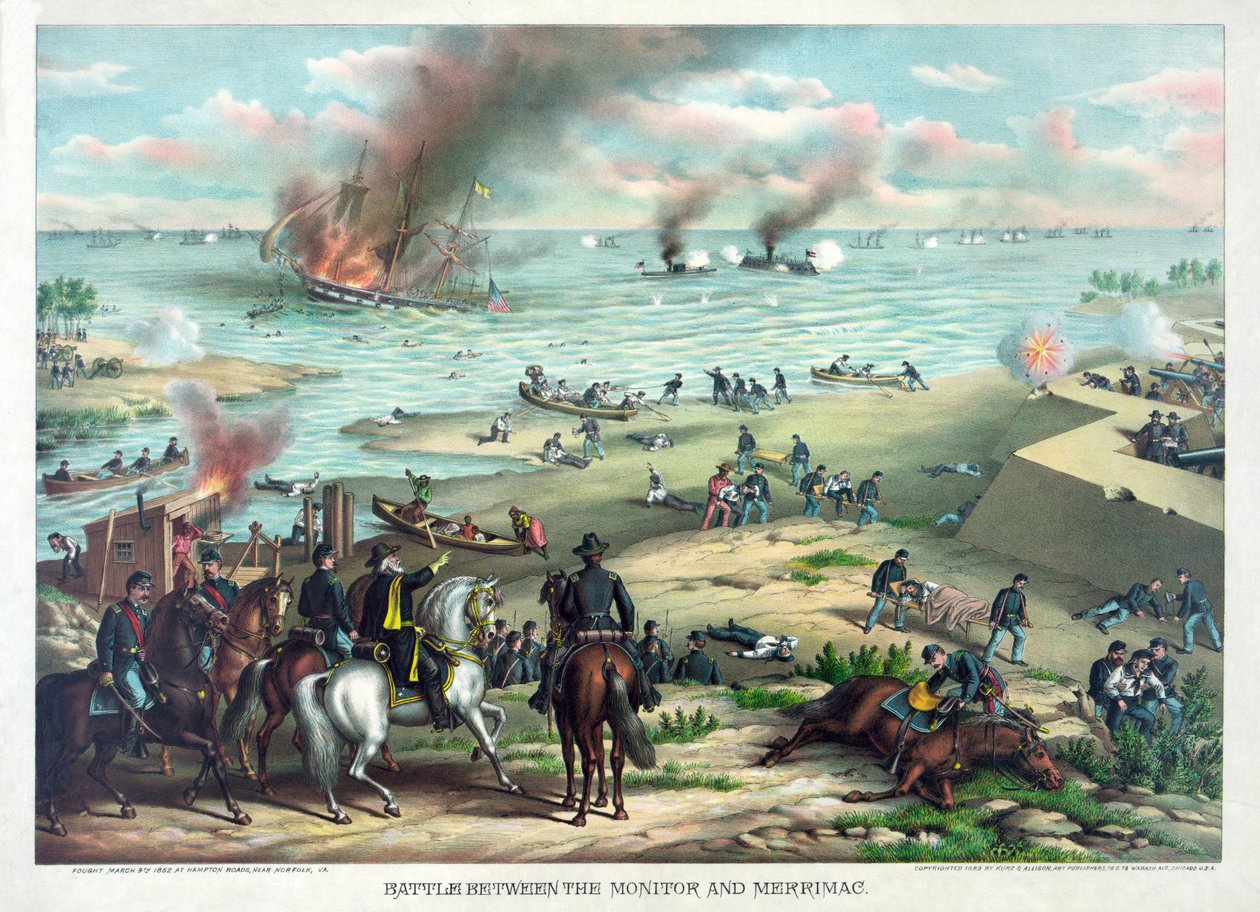 Bitva mezi Monitorem a Merrimacem, 9. března 1862 v Hampton Roads, poblíž Norfolku, Virginie, hospoda. Kurz & Allison, kolem roku 1889 od American School