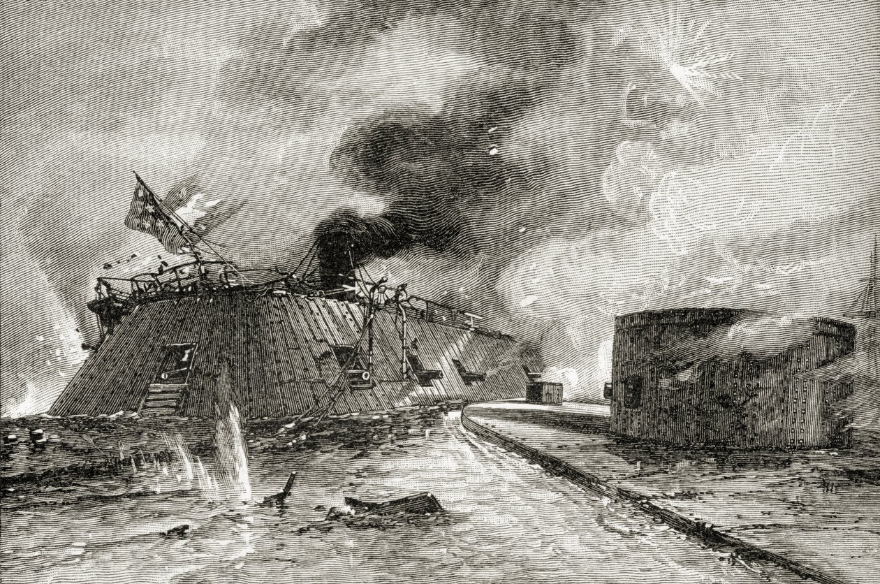 Bitva mezi Monitorem a Merrimacem v roce 1862, z „Stručné historie Spojených států“, vydané A. S. Barnes und Co. v roce 1885 od American School