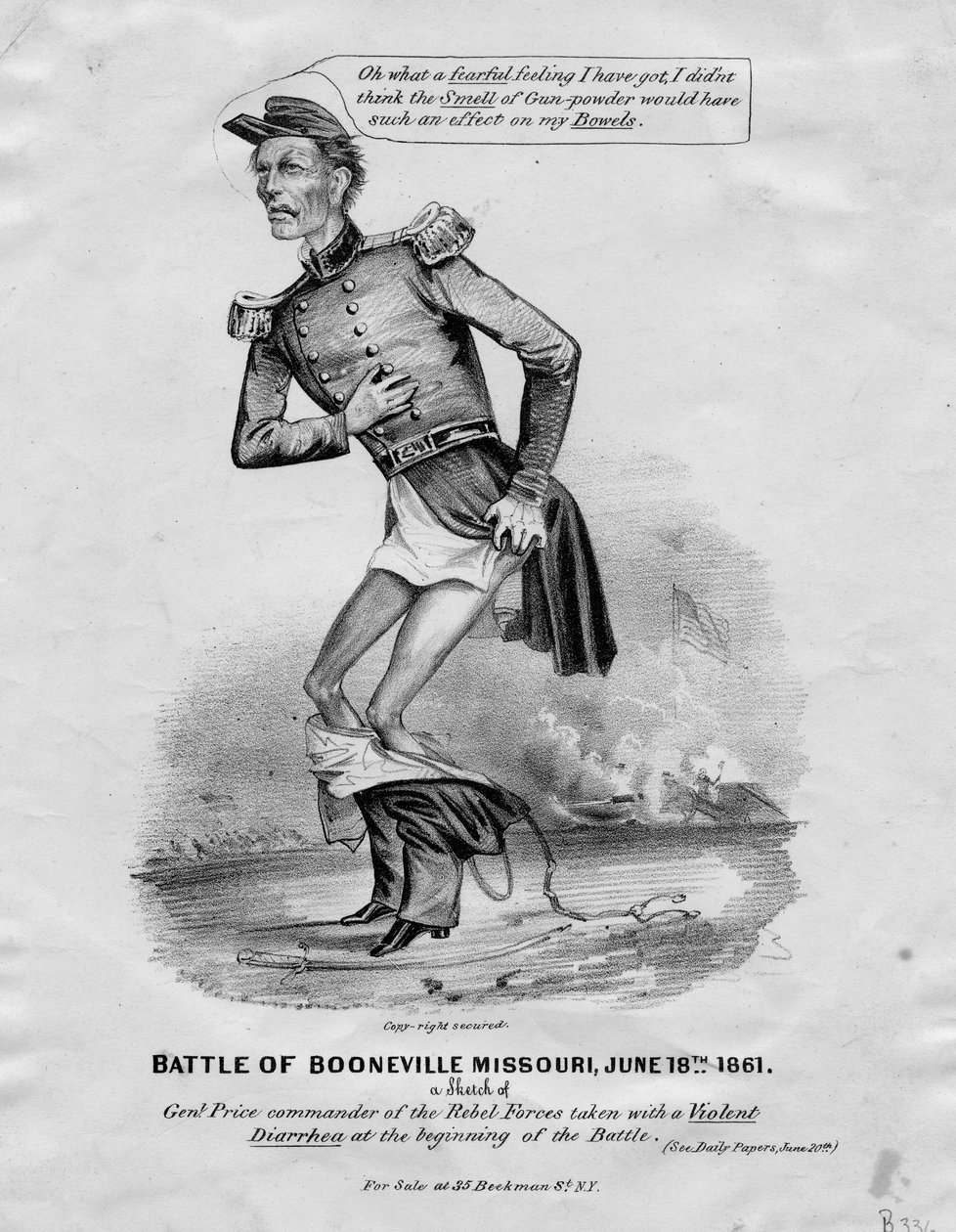 Bitva u Boonville, Missouri, 18. června 1861: náčrt Genl. Cena vzata s násilným průjmem na začátku bitvy, publikovaná v New Yorku, 1861 od American School