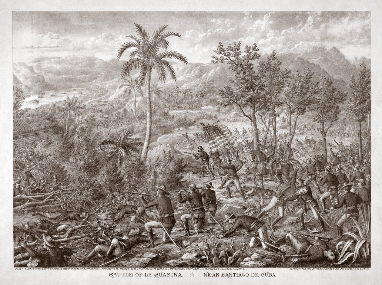 Bitva u La Quasina, poblíž Santiaga de Cuba, pub. 1898 (rytina) od American School