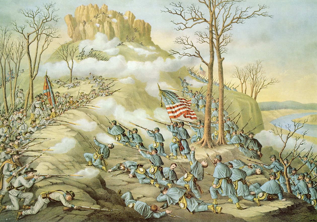 Bitva u Lookout Mountain, 24. listopadu 1863, vyryto Kurzem & Allisonem od American School