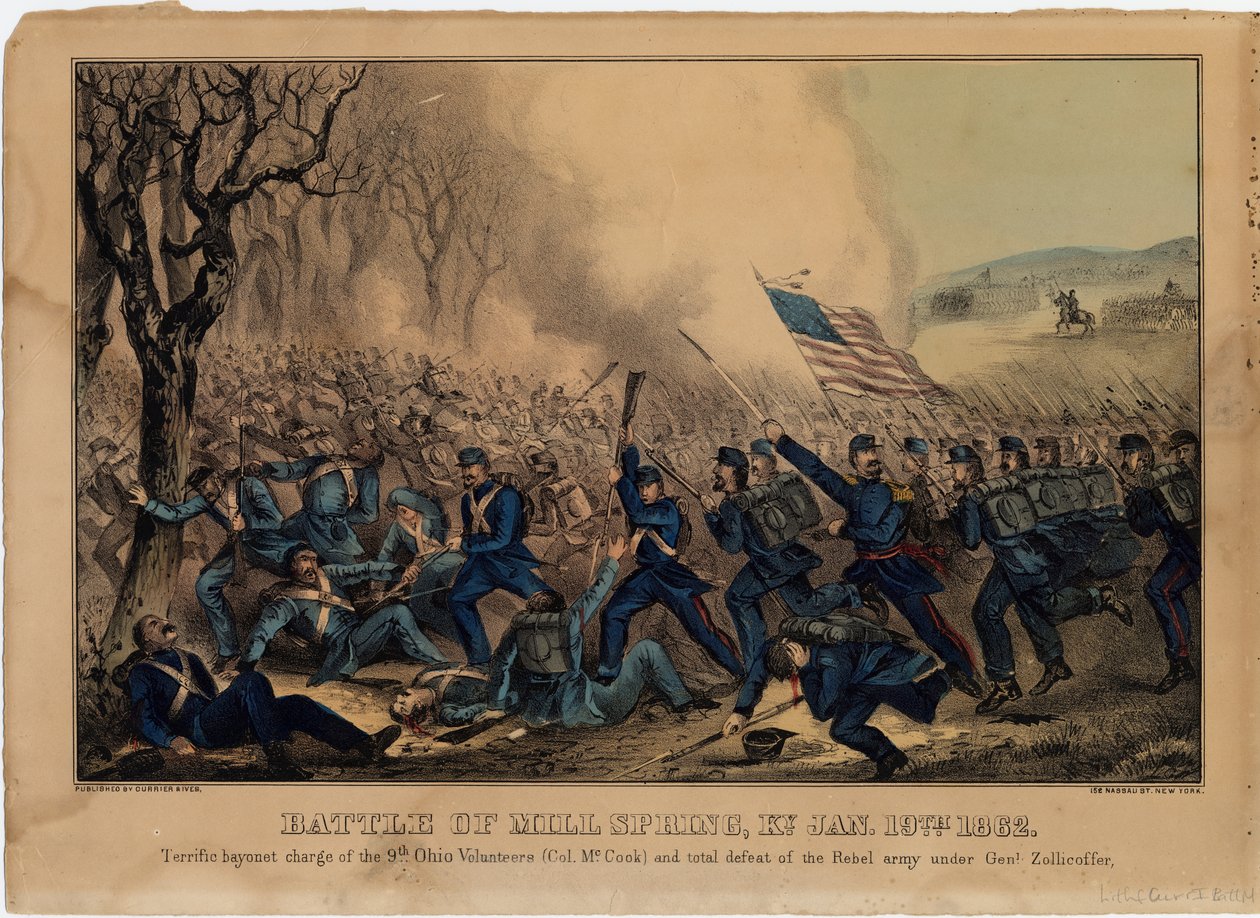Bitva u Mlýnského pramene, Ky. Jan 19th 1862, pub. od Currier & Ives, kolem roku 1862 od American School