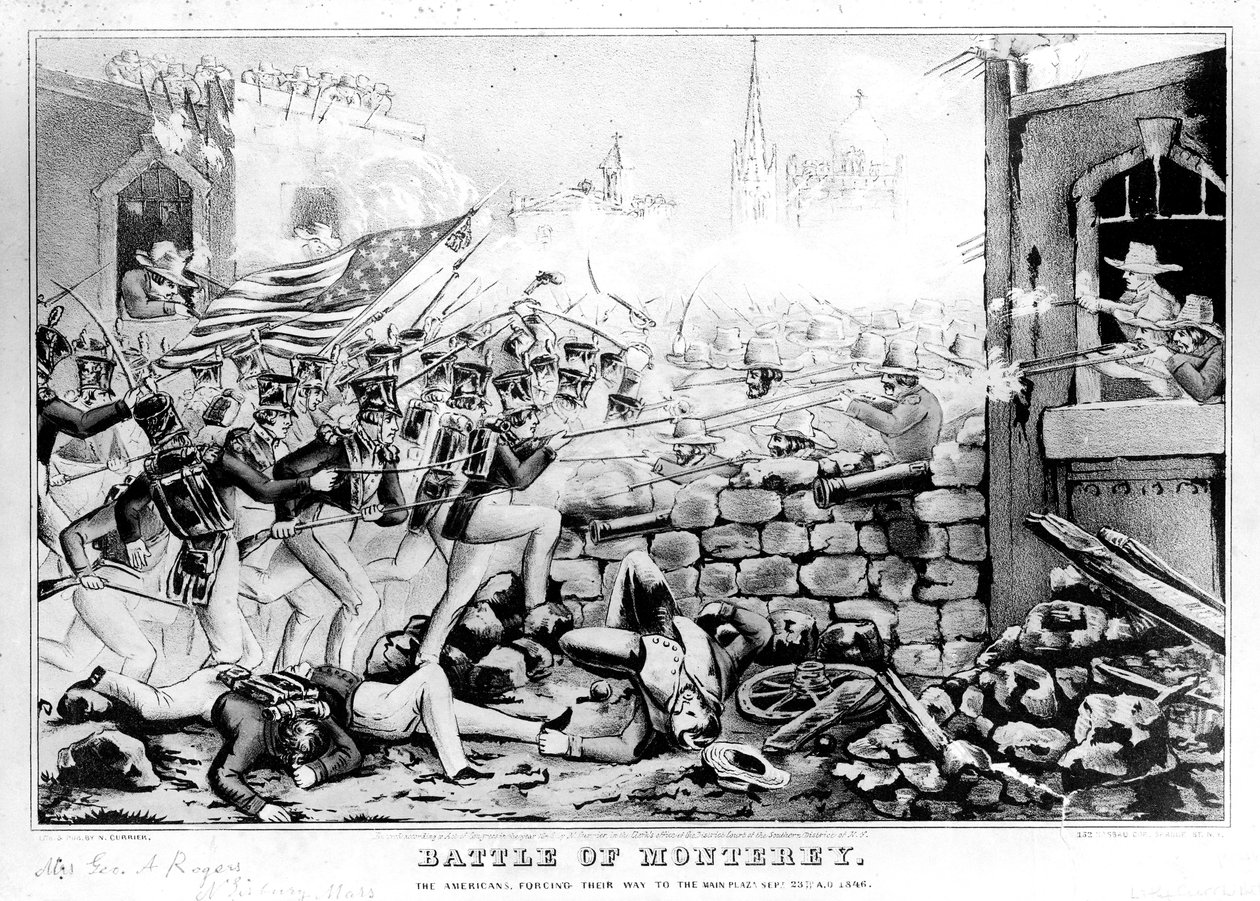 Battle of Monterey: The Americans Forcing their Way to the Main Plaza, 23. září 1846, vyryto a publikováno Nathanialem Currierem (1813-88) od American School